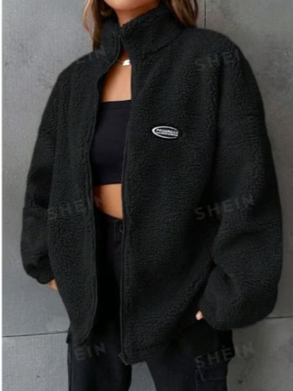 SHEIN Women's Black Oversized Sherpa Zip-Up Jacket Size Small Loose Fit Patch S